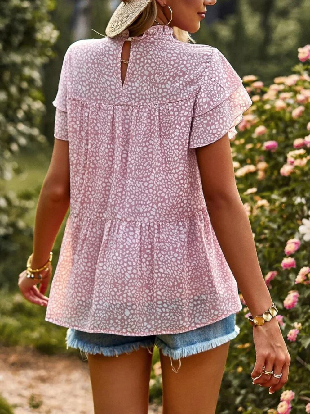 PRETTYGARDEN Pink Floral Chiffon Mock Neck Blouse Size M